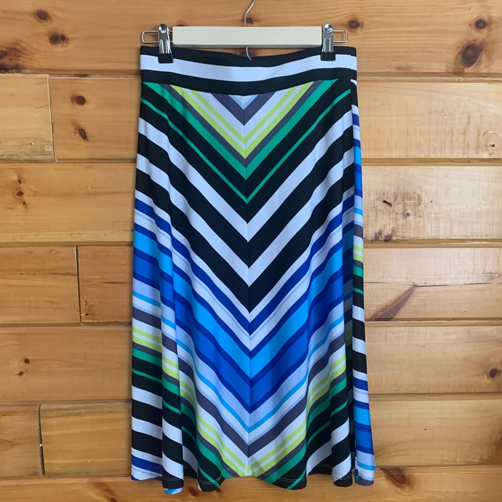 Soulmates Mid-Length Skirt. Sz Small. Stripped Blue Green Black White.